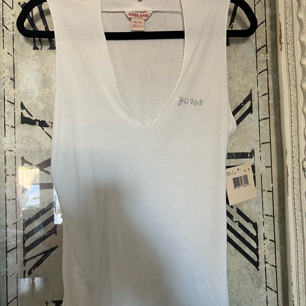 GUESS White V-Neck Tank Top